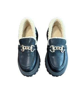 Black Faux Leather Sherpa Lined Chunky Lug Sole Bit Loafers Size 40 (9 US)